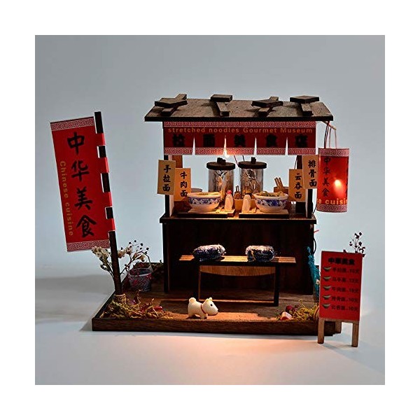 XLZSP Maison de poupée style chinois ancien modèle de construction gastronomique ramen restaurant avec kit de meubles DIY mai