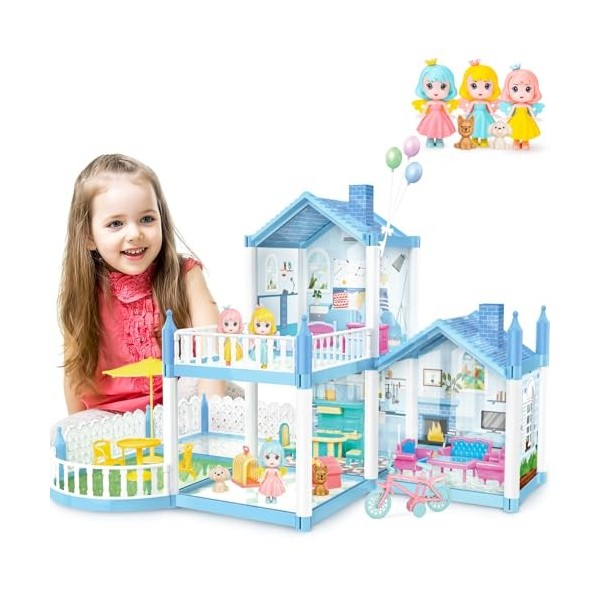 deAO Maison de poupée, Ensemble de Jouets, Villa Bleue Maison de poupées avec 3 Chambres, 2 étages, Balcon en Plein air, 3 Fi