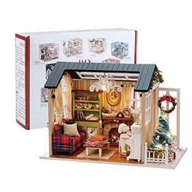 Jodsen DIY Noël Miniature Dollhouse Kit,Kit de Maison Poupée Bricolage Kit en Bois Réaliste Cabine Mini avec Meubles pour Déc