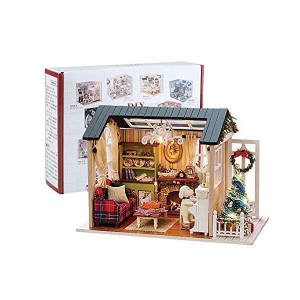 Jodsen DIY Noël Miniature Dollhouse Kit,Kit de Maison Poupée Bricolage Kit en Bois Réaliste Cabine Mini avec Meubles pour Déc