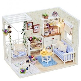 Miniature avec des Meubles De Maison De PoupéE, Maison Miniature DIY,Kit DIY Dollhouse en Bois Ainsi Que La PoussièRe Et Le M