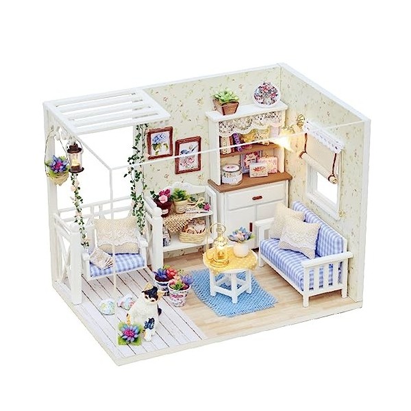 Miniature avec des Meubles De Maison De PoupéE, Maison Miniature DIY,Kit DIY Dollhouse en Bois Ainsi Que La PoussièRe Et Le M