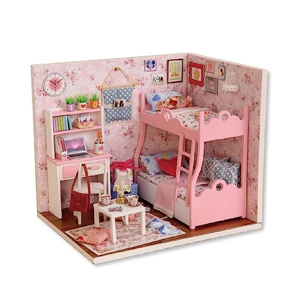 Miniature avec des Meubles De Maison De PoupéE, Maison Miniature DIY,Kit DIY Dollhouse en Bois Ainsi Que La PoussièRe Et Le M