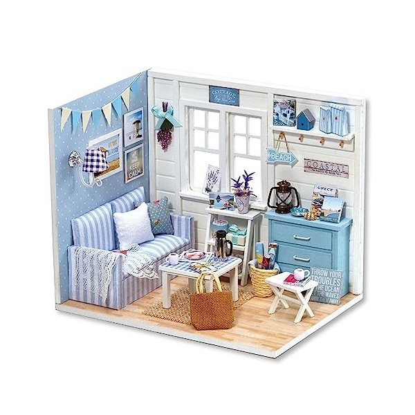 Miniature avec des Meubles De Maison De PoupéE, Maison Miniature DIY,Kit DIY Dollhouse en Bois Ainsi Que La PoussièRe Et Le M