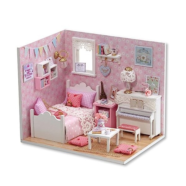 Miniature avec des Meubles De Maison De PoupéE, Maison Miniature DIY,Kit DIY Dollhouse en Bois Ainsi Que La PoussièRe Et Le M