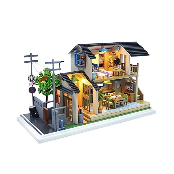 erhumama Maison de poupée japonaise miniature 3D en bois pour cuisine, chambre à coucher, maison de poupée avec housse anti-p