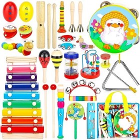 NCKIHRKK 30 PCS Instruments de Musique Enfant,Ensemble dinstruments de Percussion en Bois,avec Xylophone,Tambourin,Flûte,Ens