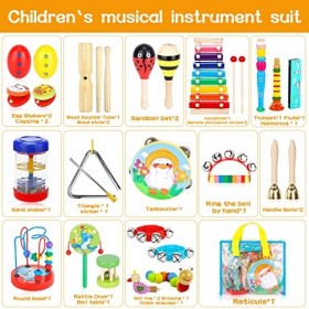 NCKIHRKK 30 PCS Instruments de Musique Enfant,Ensemble dinstruments de Percussion en Bois,avec Xylophone,Tambourin,Flûte,Ens