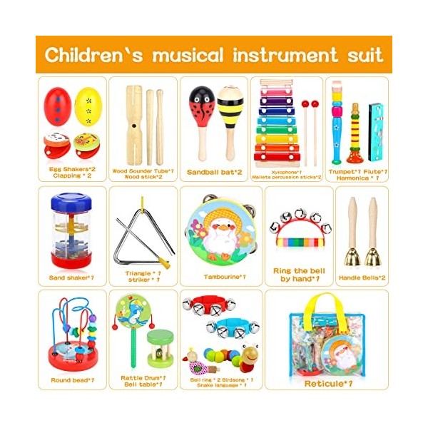 NCKIHRKK 30 PCS Instruments de Musique Enfant,Ensemble dinstruments de Percussion en Bois,avec Xylophone,Tambourin,Flûte,Ens