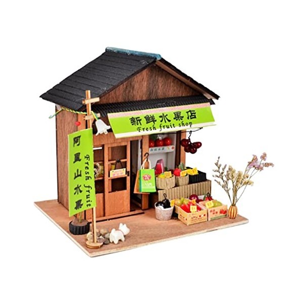 misppro Maison de poupée miniature en bois avec meubles, lumière LED style chinois magasin de fruits frais