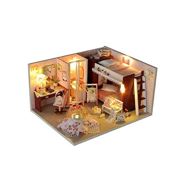 luckiner Kit de maison de poupée miniature lumineux fait à la main avec housse anti-poussière