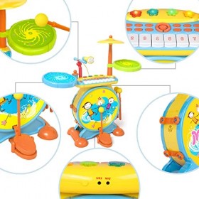 Batterie Enfant, 3 in 1 Ensemble de Tambours Jouet avec Batterie Electronique, Piano Musical, Microphone, Jouets de Percussio