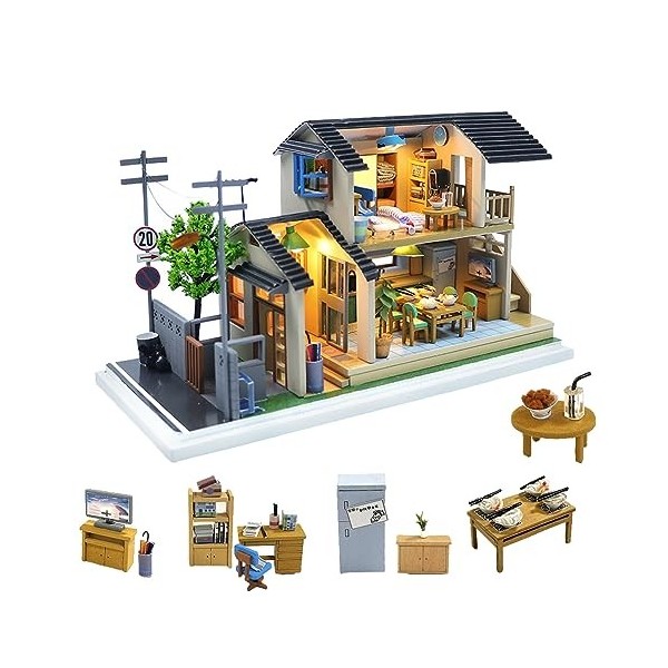 hvmabeck Maison de poupée miniature de style japonais avec housse anti-poussière 3D en bois miniature maison de poupée meuble