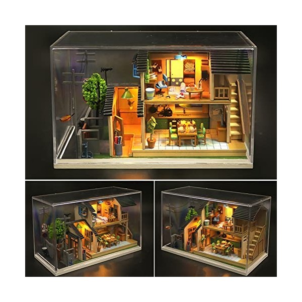 hvmabeck Maison de poupée miniature de style japonais avec housse anti-poussière 3D en bois miniature maison de poupée meuble