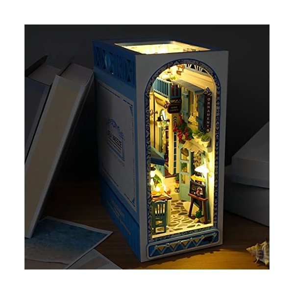 Puzzle 3D Bois Kit de Coin de Livre Bricolage Maquette de Maison Book Nook avec Lumière LED Kit pour Étagère Serre-Livres Déc