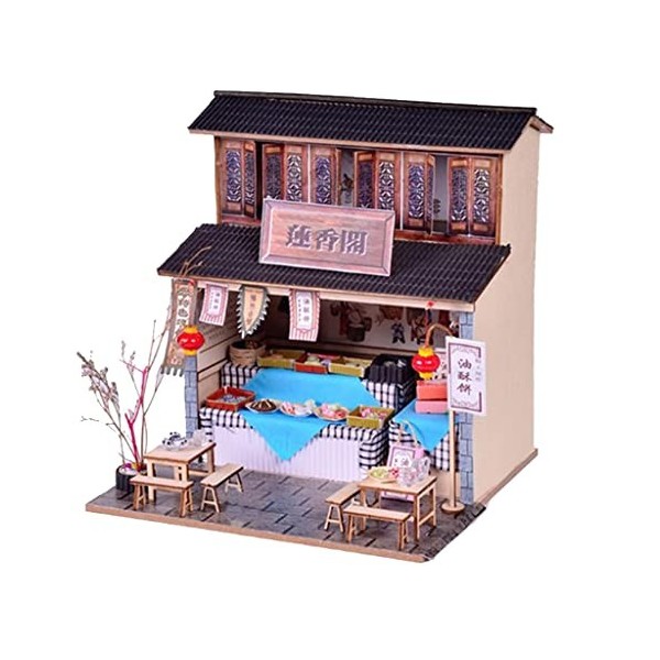 misppro DIY Maison de poupée miniature en bois avec meubles, lumière LED style chinois Snack Shop