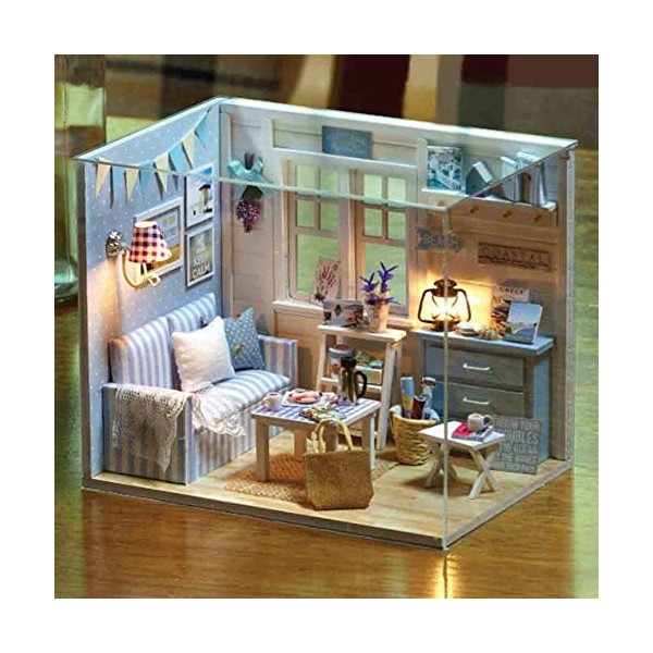 Miniatures de Maison de Poupée, Kit de Maison de Poupée avec Meubles et Lumière LED, Kit de Maison Miniature Bricolage, Cadea