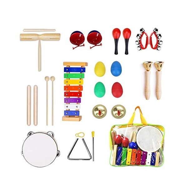 Ulifeme Instrument de Musique pour Enfant, 24 Pièces Instruments de Musique en Bois Percussion pour Bébé avec Xylophone, Tamb