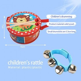 liuer Tambour Enfant Jouet Musical Instrument de Percussion avec Pilons et Bracelet Cloche Mignon Motif Jouet Tambour pour Bé