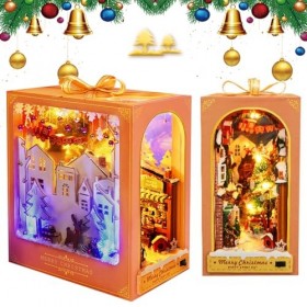FENYW DIY Book Nook Kit, Maison de Poupées en Bois, Noël Miniatures avec Meubles et lumière LED Puzzle 3D en Bois Serre-Livre