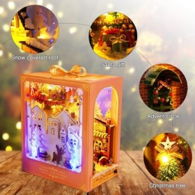 FENYW DIY Book Nook Kit, Maison de Poupées en Bois, Noël Miniatures avec Meubles et lumière LED Puzzle 3D en Bois Serre-Livre