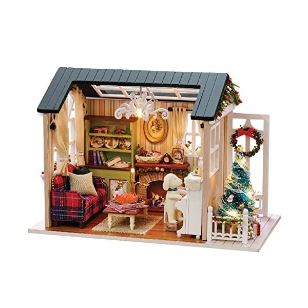 Kavolet Maison de poupée miniature de Noël, Maison de poupée avec lumières LED, Mini maison en bois 3D réaliste,Artisanat de 