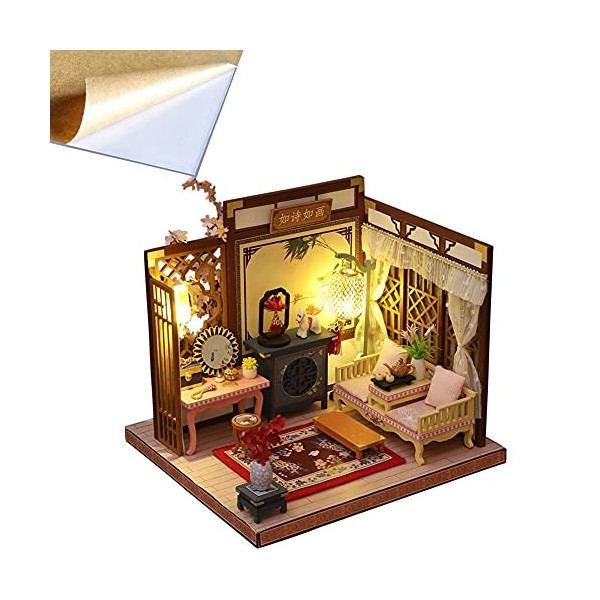 Lot de 4 modèles de maison de poupée miniature en bois 3D pour maison de poupée - Architecture classique DIY anniversaire Pre