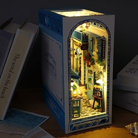 TOPBSFARNY Support de livre en bois 3D pour maison de poupée, serre-livres en bois, kit de construction avec lumière LED pour