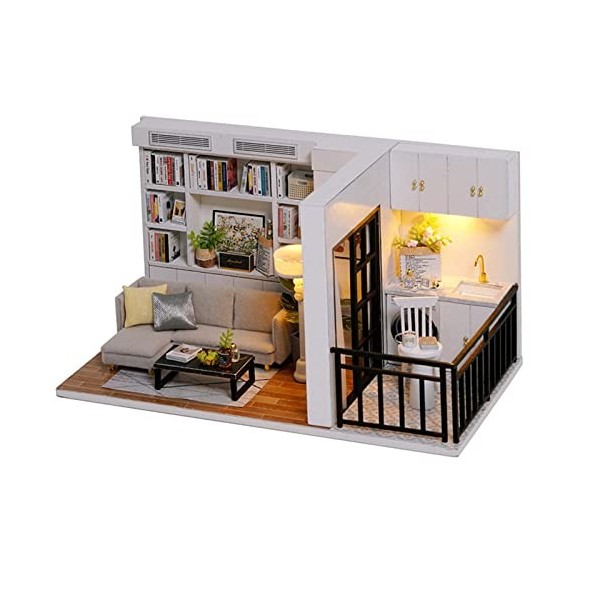 VIONNPPT DIY Moderne Maison 1:24 Poupées en bois Artisanat Mini Chambre Modèle avec Meubles, 3D Salon Miniature Maison De Pou
