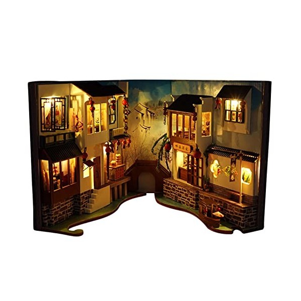 DIY Book Nook Kit, Kit de Maison de poupées Miniatures avec Meubles et lumière LED, Serre-Livres 3D Bricolage LED Puzzle en B