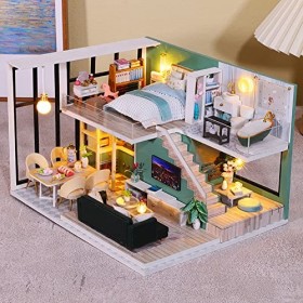 Maison de poupée miniature en duplex - Meubles en bois - Kit maison de poupée avec LED - Simple et moderne - Cadeau danniver