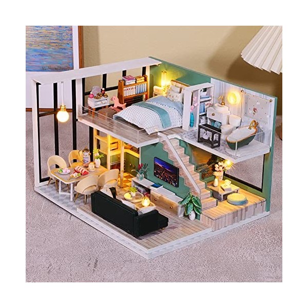 Maison de poupée miniature en duplex - Meubles en bois - Kit maison de poupée avec LED - Simple et moderne - Cadeau danniver
