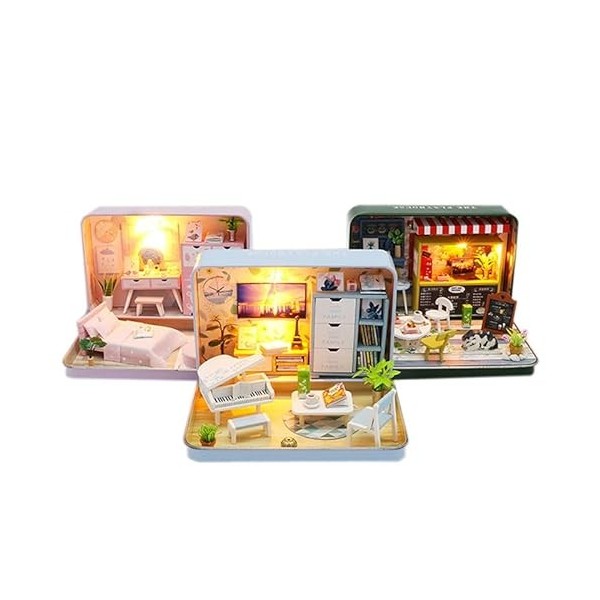 3 pièces Miniature boîte Maison de poupée Meubles en Bois Kit Bricolage Assembler Paysage Maison Puzzle modèle pour Enfants C