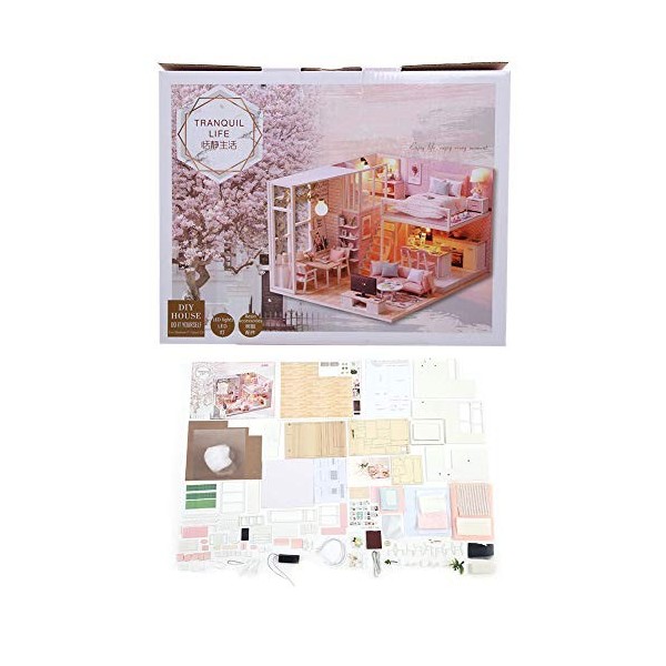 Maison de Poupée Miniature en Bois, Meubles Lumineux LED, Kit de Maison de Poupée pour Adultes et Enfants