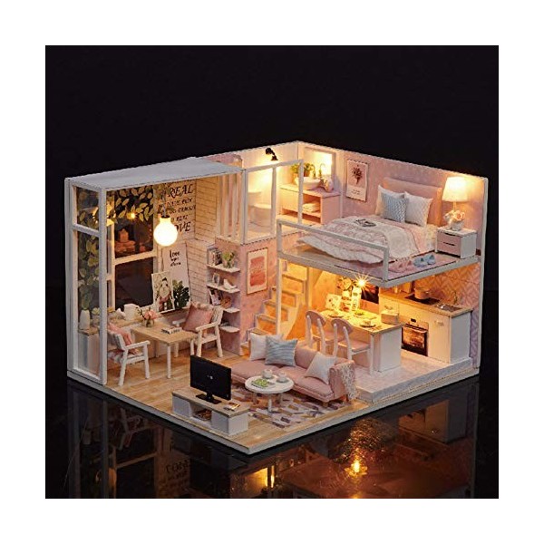 Maison de Poupée Miniature en Bois, Meubles Lumineux LED, Kit de Maison de Poupée pour Adultes et Enfants