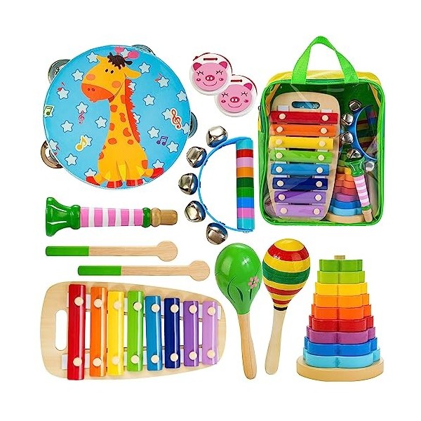 JUSTWOOD Instruments de Musique pour Enfants, Jouets de Musique en Bois 12pcs, des Jouets sensoriels pour Les Enfants dâge p