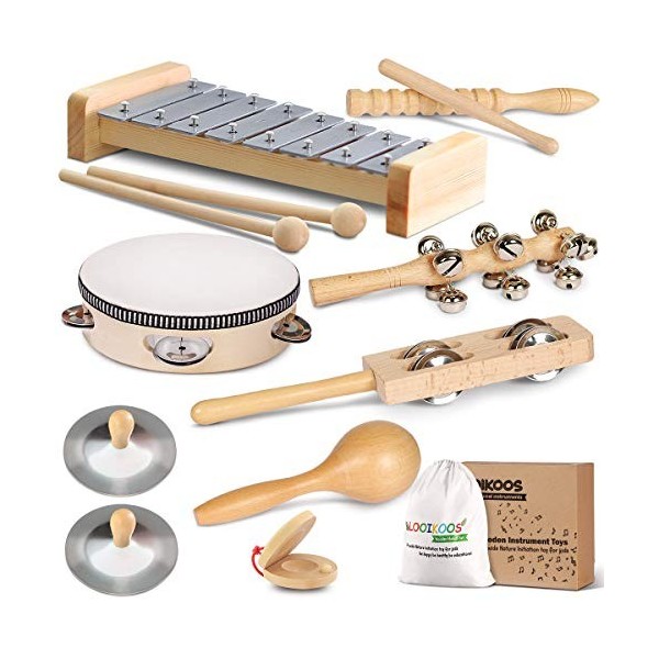 Aspiree LOOIKOOS Toddler Musical Instruments, Eco Friendly Musical Set for Kids Preschool Educational, Natural Wooden Percuss