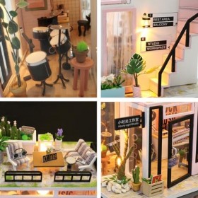 erhumama Maison de poupée miniature 3D en bois - Puzzle - Maison de poupée à LED - Décoration dintérieur