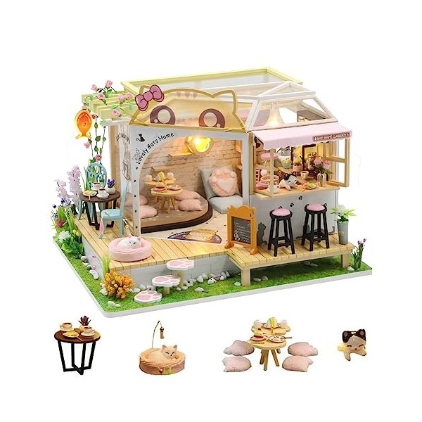 Kit de maison de poupée miniature pour chat avec lumière LED, échelle 1:24, faite à la main, pour chat, café, jardin, maison 