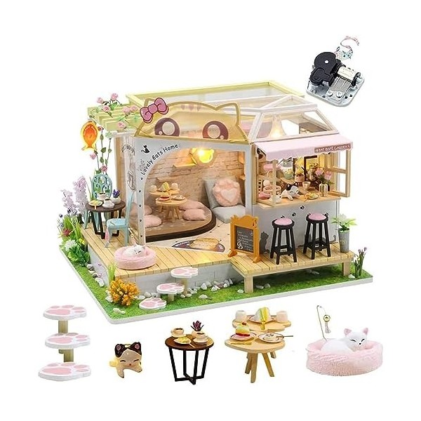 Kit de maison de poupée miniature pour chat avec lumière LED, échelle 1:24, faite à la main, pour chat, café, jardin, maison 