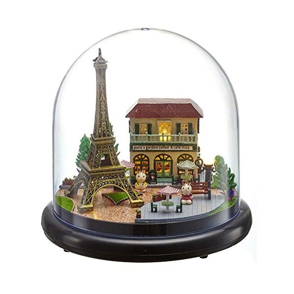 Famus DIY Boîte À Musique Maison De Poupée Miniature DIY Kit avec Couvercle Transparent LED Lumière Paris 