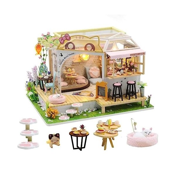 DIY Chat Café Jardin Maison de Poupée Miniature Kit avec Meubles Échelle 1:24 Chambre Créative pour Cadeau DIY Maison de Poup
