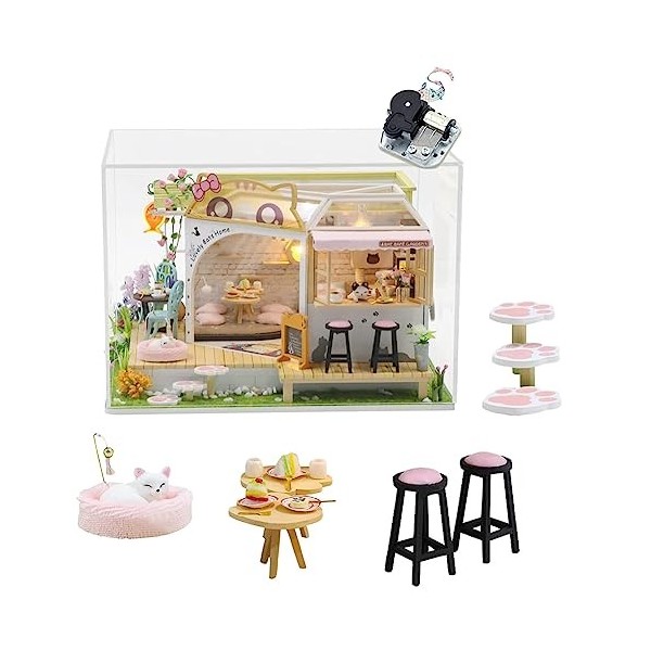 DIY Chat Café Jardin Maison de Poupée Miniature Kit avec Meubles Échelle 1:24 Chambre Créative pour Cadeau DIY Maison de Poup