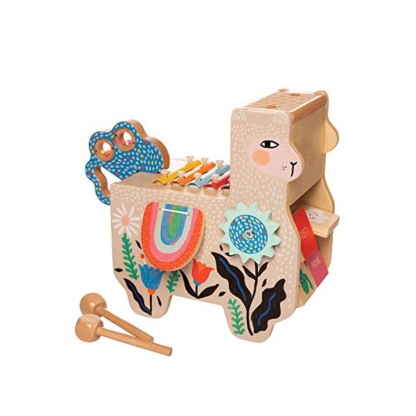 ManhattanToy 217120 Instrument de Musique Llama en Bois avec Maraca, Sacoche de Selle Clack, Baguettes, Toilette et Xylophone