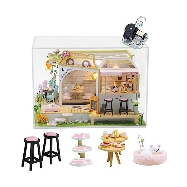 erhumama Maison de poupées Modèle de café miniature chat 3D Accessoires déclairage de maison de poupées en bois Cadeau dann