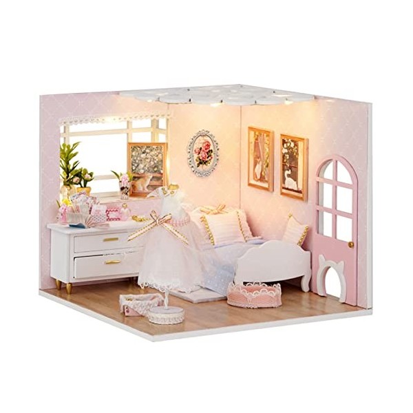 Spilay H024 Kit de meubles miniatures en bois pour maison de poupée faite à la main avec housse de poussière et LED, échelle 