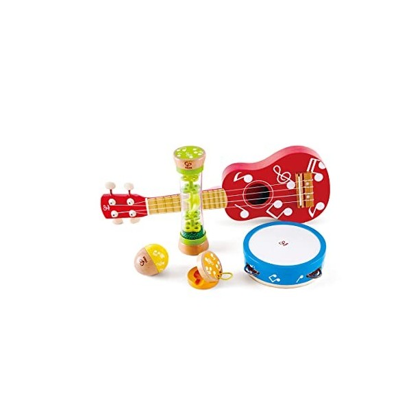 Hape - Set dInstruments, Ukulélé, Bâton de Pluie, Tambourin, Castagnettes - Instruments de Musique pour Enfant dès 3 ans - J