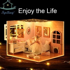 Spilay H024 Kit de meubles miniatures en bois pour maison de poupée faite à la main avec housse de poussière et LED, échelle 