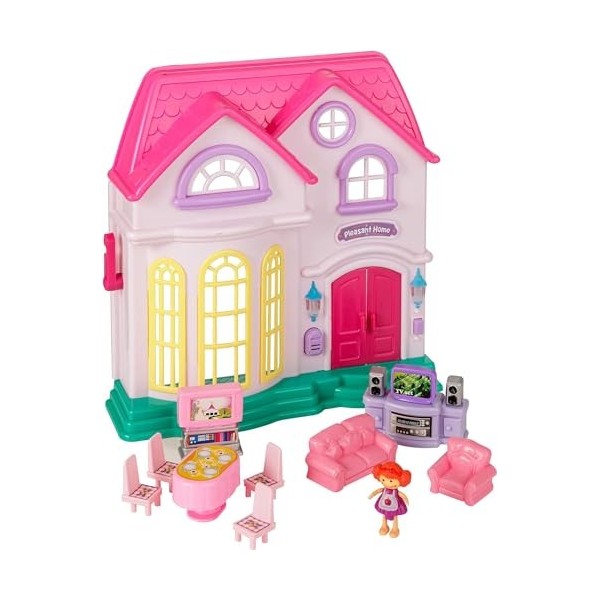 Baroni Toys Maison de Poupée avec Sons et Lumières, Maison de Poupée à 2 Étages avec Personnages et Accessoires Inclus, Jeu d