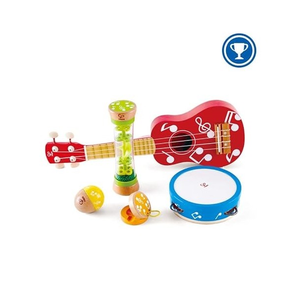 Hape - Set dInstruments, Ukulélé, Bâton de Pluie, Tambourin, Castagnettes - Instruments de Musique pour Enfant dès 3 ans - J